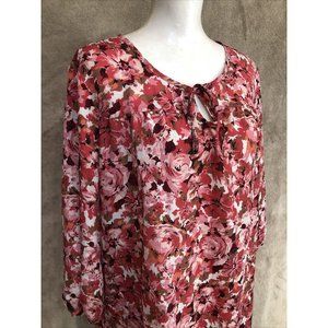 2X Plus Floral Top Pink Red Blouse Long Sleeve White Stag #396
